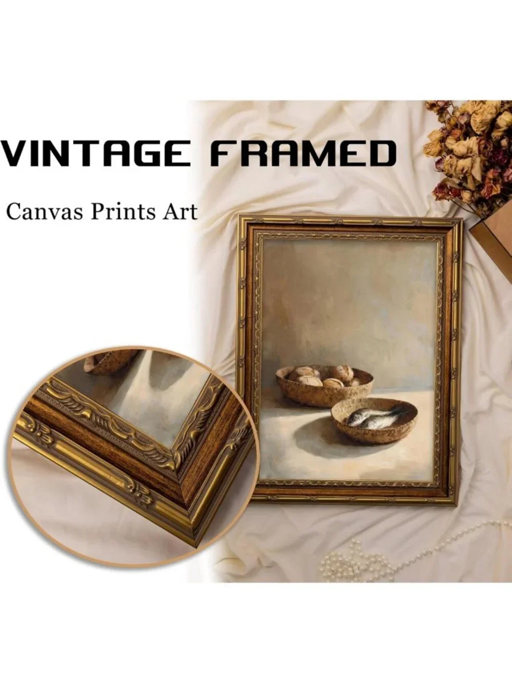 Rustic Vintage Gold Framed Still Life Canvas Art - Bread & Fish Wall Decor 12x16
